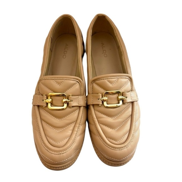 Aldo Tan Quilted W/ Gold Buckle Almond Toe Comfort Loafer Shoe (8) - Picture 2 of 12